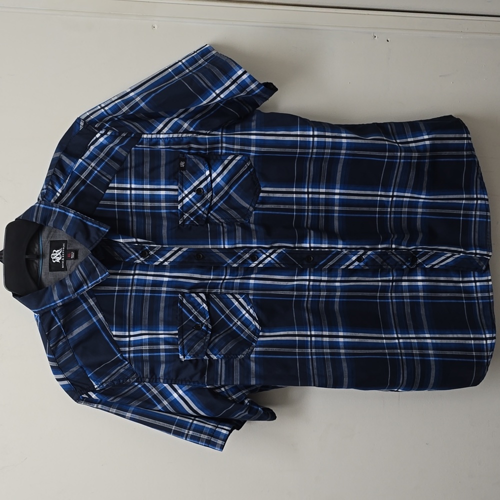 Rock & Republic Blue Plaid Short Sleeve Button Down Shirt - Size Men's XL